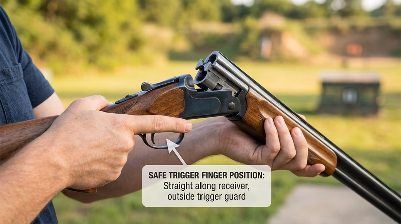 Close-up showing proper trigger finger placement outside the trigger guard on a shotgun