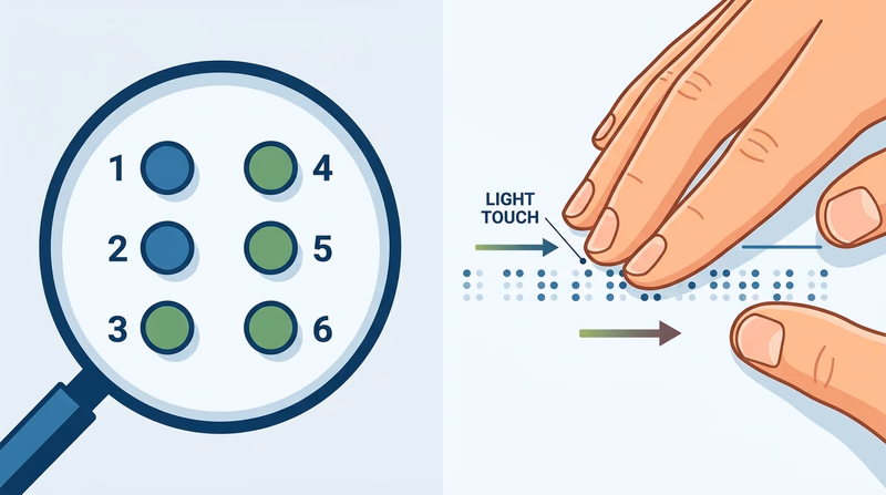 Instructional diagram showing the six numbered dot positions of a braille cell and fingertips moving lightly across a line of braille