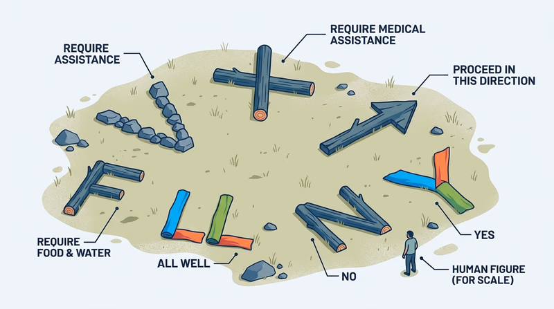 Instructional diagram showing seven large ground-to-air rescue symbols at realistic scale: V, X, arrow, F, LL, N, and Y