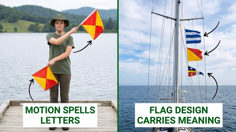 Split comparison showing a person signaling with semaphore flags on one side and nautical flags hoisted on a ship mast on the other