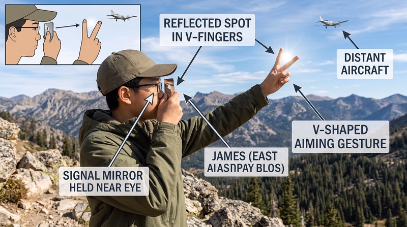 Close instructional view of a hiker aiming a signal mirror with the mirror near one eye and two fingers forming a V toward an aircraft