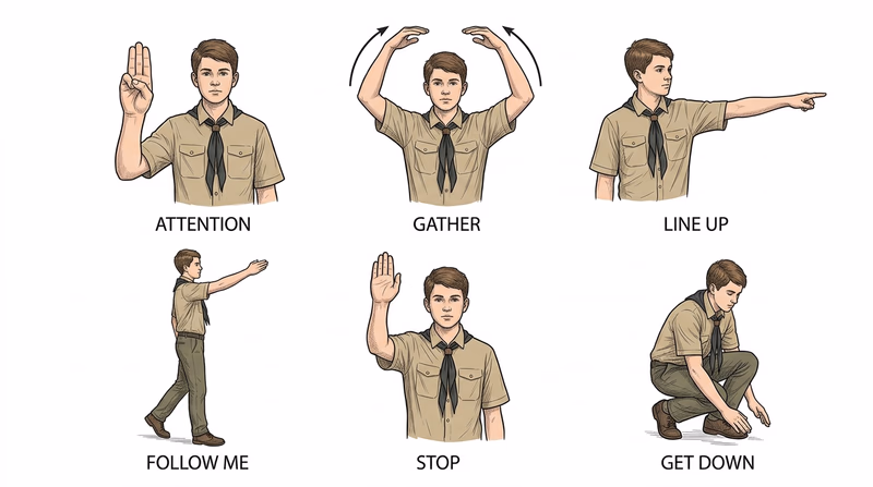 Six-panel illustration showing silent Scout signals for attention, gather, line up, follow me, stop, and get down
