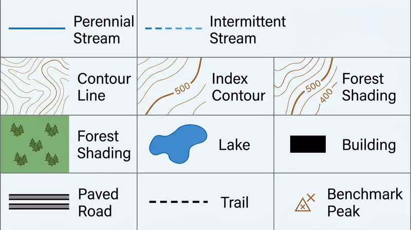 Legend-style grid showing 10 common topographic map symbols including streams, contour lines, roads, trails, buildings, lakes, forests, and benchmark peaks