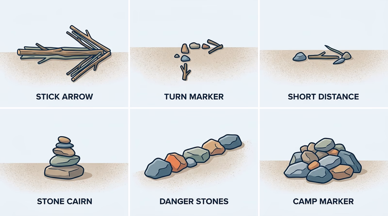 Reference grid showing six traditional trail markers made from sticks, stones, and grass with simple labels
