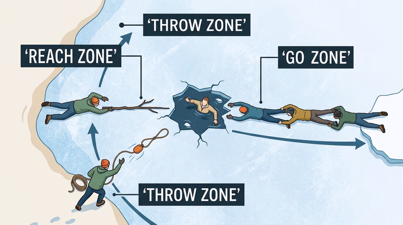 Top-down diagram showing Reach, Throw, and Go rescue zones on a frozen lake with a rescuer and victim positions labeled