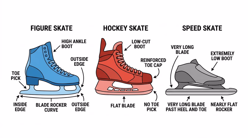 Side-by-side diagram of figure skate, hockey skate, and speed skate with labeled parts including blade, toe pick, rocker, and boot height