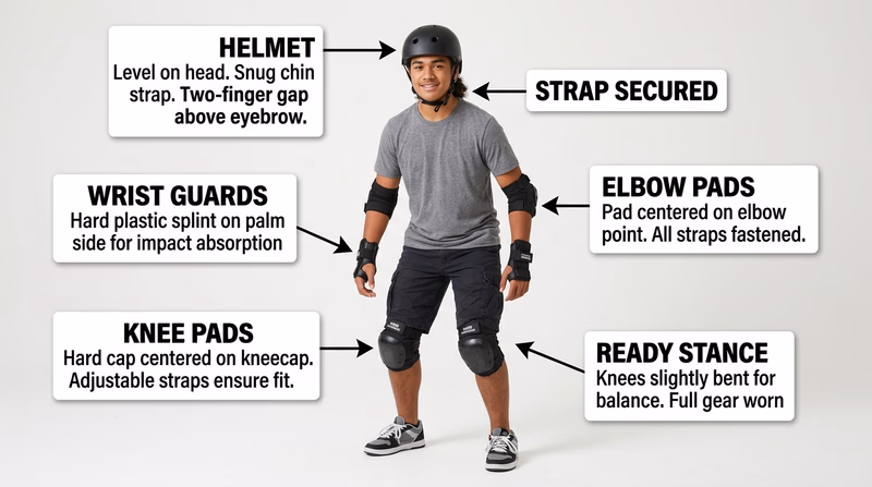 Annotated photo of a skateboarder in full protective gear with callouts showing correct helmet level, knee pad placement, elbow pad position, and wrist guard orientation