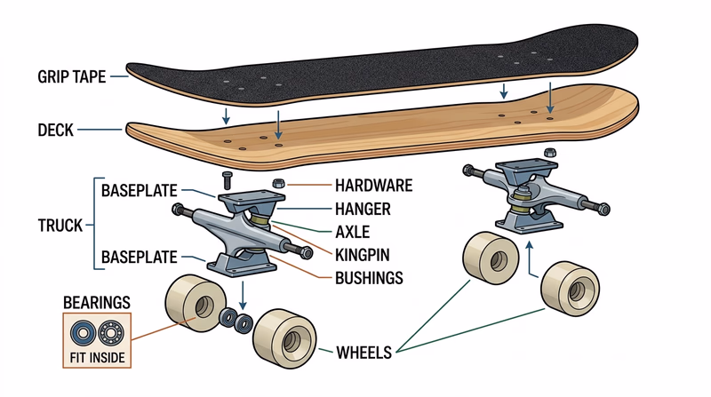 Exploded diagram of a complete skateboard with labeled components including deck, grip tape, trucks with baseplate and hanger, wheels, bearings, and hardware