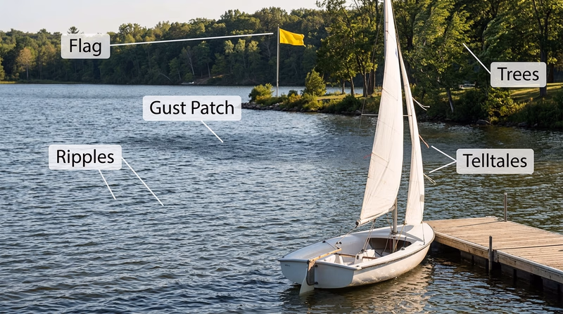 Shoreline scene showing flags, ripples, tree movement, and telltales as clues to wind direction before sailing