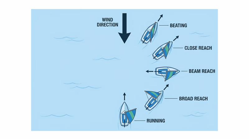 Top-down diagram of a sailboat showing beating, close reach, beam reach, broad reach, and running relative to wind direction