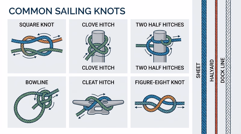 Annotated training board showing key sailing knots plus examples of sheet, halyard, and dock line materials