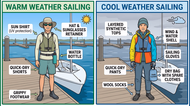 Side-by-side warm-weather and cool-weather sailing clothing and personal gear layout for a Scout sailor