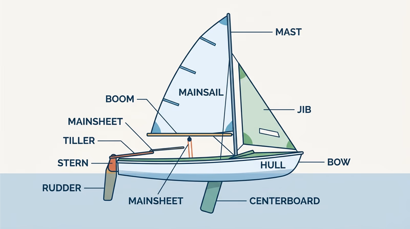 Labeled training sailboat showing hull, bow, stern, mast, boom, mainsail, jib, rudder, tiller, mainsheet, and centerboard