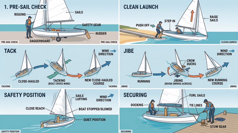 Multi-panel sequence showing pre-sail check, launch, tack, jibe, safety position, capsize recovery, and end-of-day securing steps