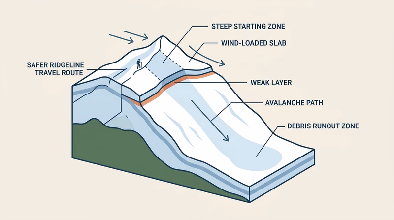 Annotated mountain slope diagram showing steep starting zone, wind-loaded slab, avalanche path, runout zone, and safe ridgeline travel line