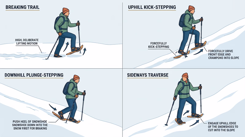 Four-panel instructional sequence showing trail breaking, uphill kick-stepping, downhill plunge stepping, and sideways traversing on a snowy slope