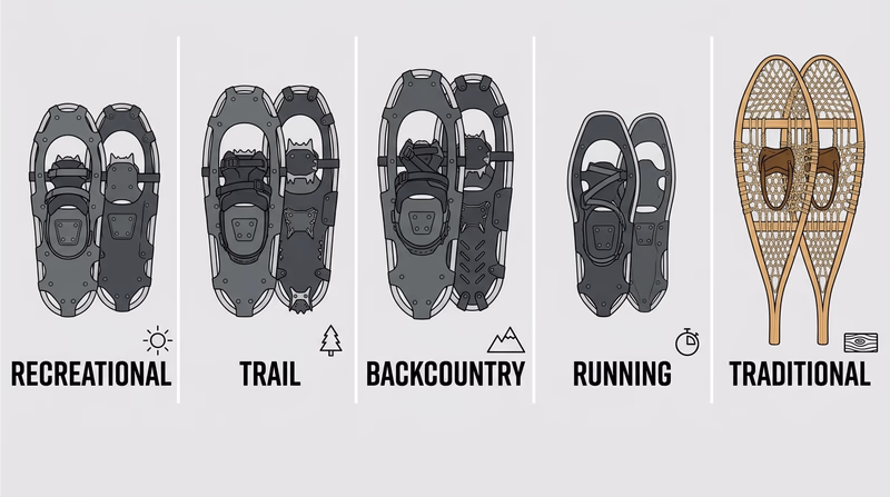 Comparison of recreational, trail backcountry, mountaineering, running, and traditional snowshoe types side by side with shape and traction differences