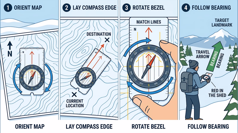 Step-by-step map and compass diagram showing orienting a topo map, lining up a compass edge, rotating the bezel to north, and following a bearing to a landmark