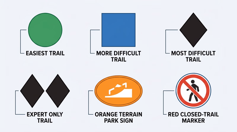 Guide to ski trail symbols showing green circle, blue square, black diamond, double black diamond, terrain park sign, and closed trail marker side by side