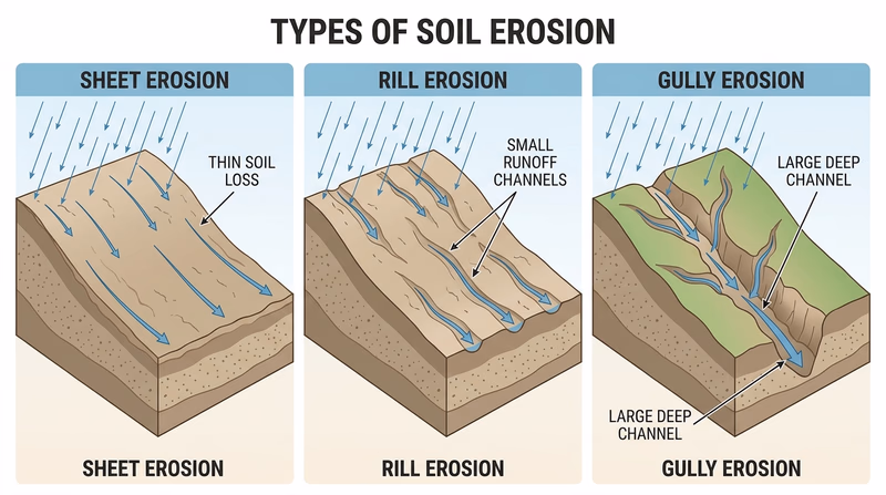 Side-by-side comparison of sheet erosion, rill erosion, and gully erosion on a slope