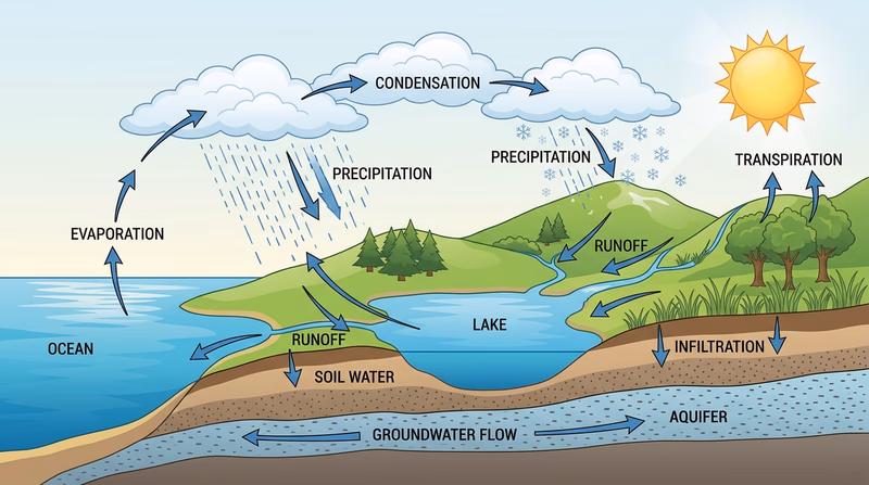 Labeled hydrologic cycle showing evaporation, condensation, precipitation, transpiration, runoff, infiltration, and groundwater flow