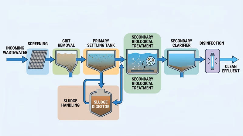 Simple flow diagram of complete wastewater treatment showing screening, primary settling, secondary biological treatment, clarification, disinfection, and effluent discharge