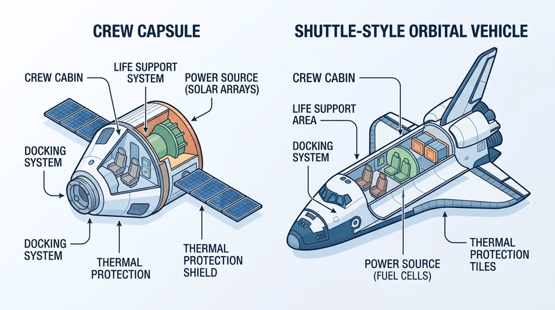 Comparative cutaway diagram of a crew capsule and shuttle-style orbital vehicle with major systems highlighted