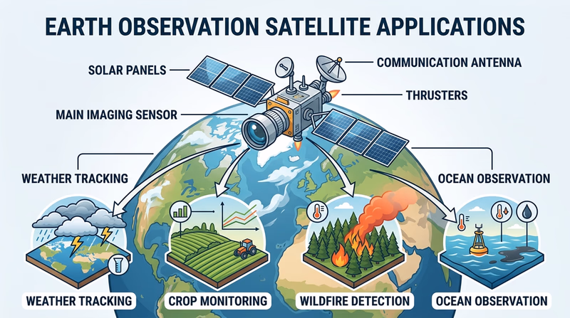 Diagram of an Earth-observation satellite collecting weather, crop, wildfire, and ocean data