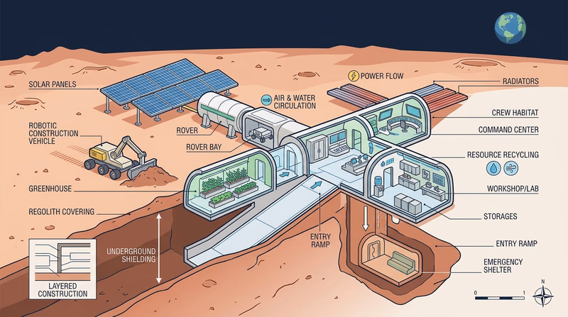 Cutaway diagram of an off-world space base showing habitat modules, power systems, life support, and robotic construction equipment