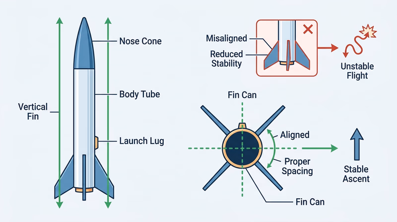 Diagram of a model rocket showing correct fin alignment and an incorrect crooked-fin example