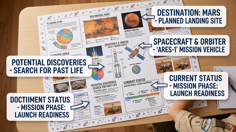 Annotated photo of a mission presentation layout with sections for destination, spacecraft, discoveries, and current status