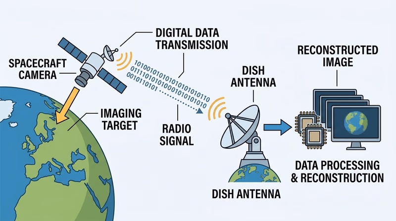 Diagram showing how a spacecraft collects image data, transmits it to Earth, and turns it into a final picture