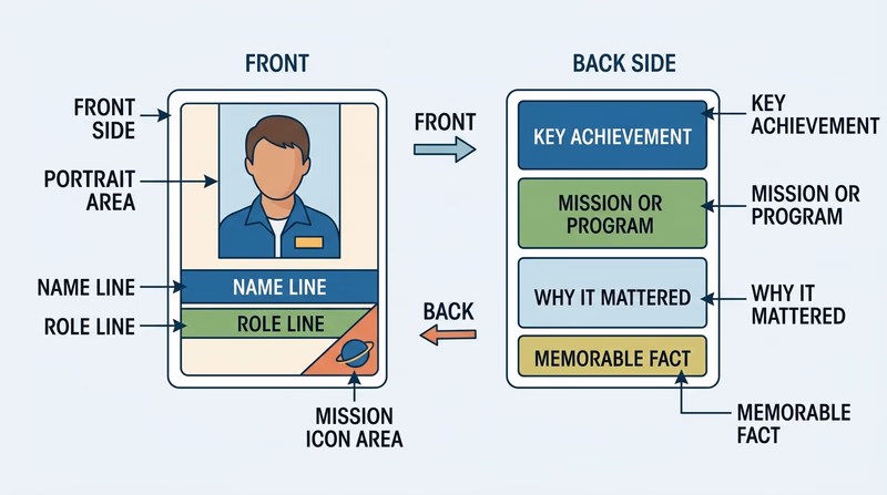 Diagram showing the front and back layout of a space pioneer collector card