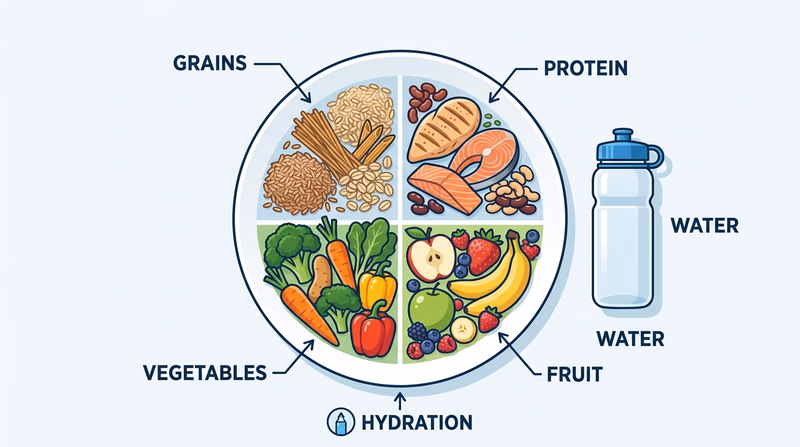 Plate showing balanced athlete meal with grains, lean protein, vegetables, fruit, and water bottle