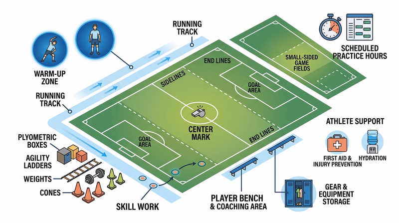 Simple labeled sports playing area diagram with boundaries, scoring areas, and player positions