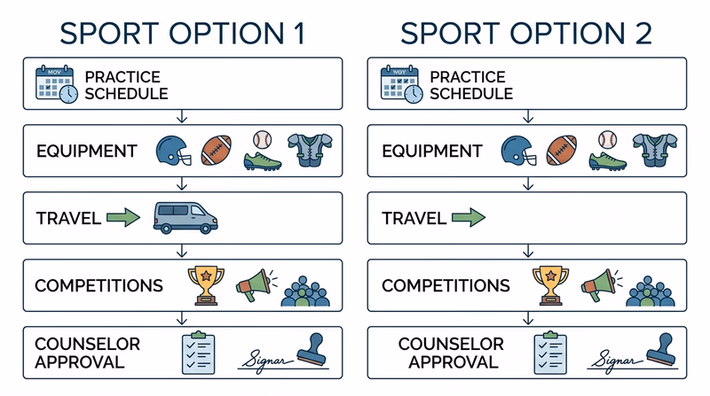 Scout comparing two sports options with schedule, equipment, travel, and competition boxes on a planning sheet