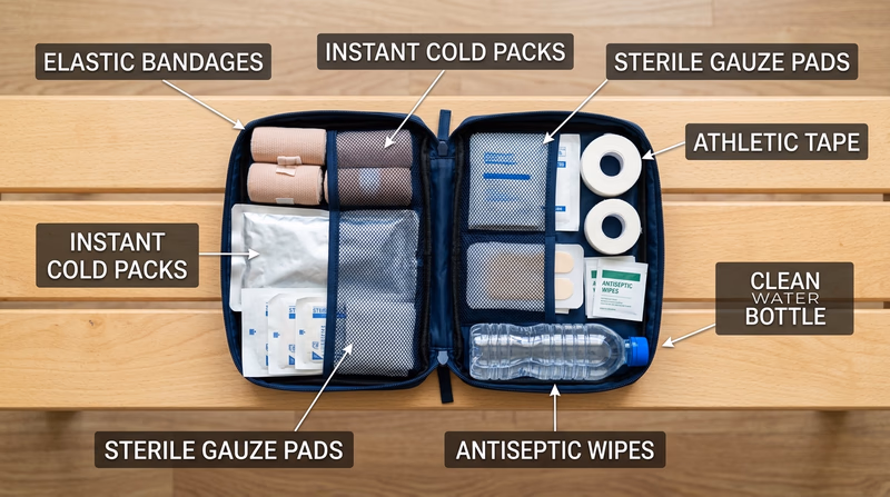 Sports first-aid kit with elastic wrap, instant cold pack, gauze, athletic tape, blister care, and water bottle arranged for quick access