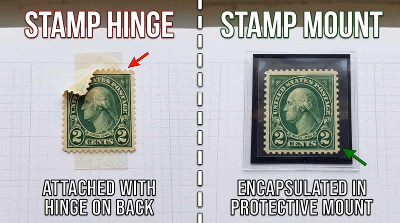 Side-by-side comparison of the same stamp mounted with a stamp hinge on one album page and inside a clear stamp mount on another, showing attachment method and protection difference