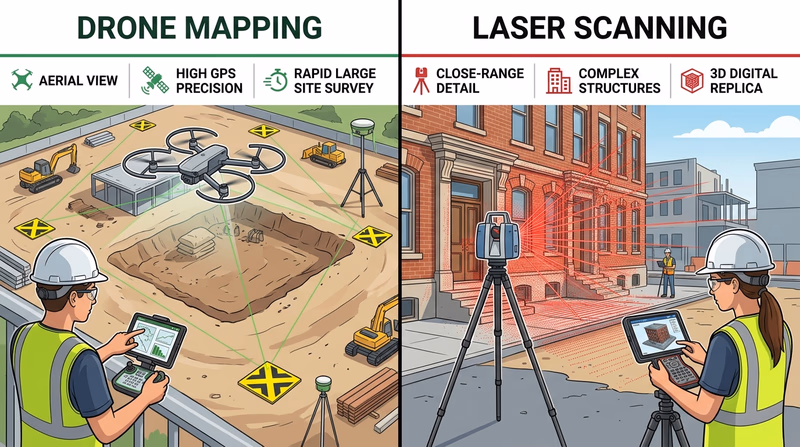 Comparison image showing a drone mapping a construction site and a tripod laser scanner capturing a building