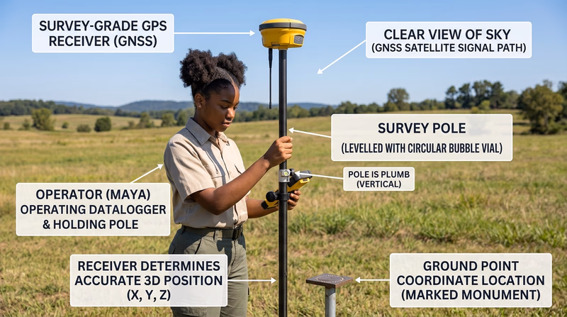 Survey-grade GPS receiver mounted on a pole in an open area with clear sky