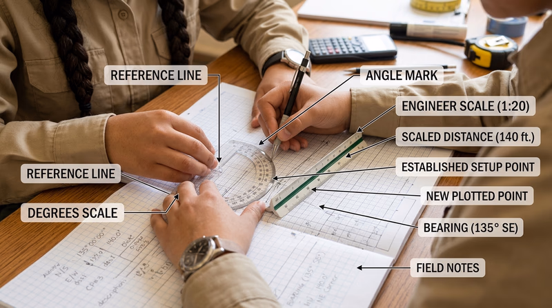 Close view of plotting survey points with a protractor and engineer scale on graph paper
