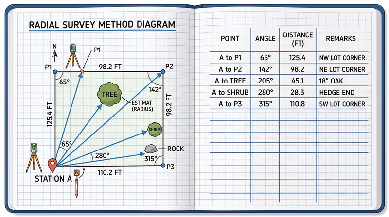 Diagram of a radial survey field notebook with station point, angle rays, distances, and labeled features