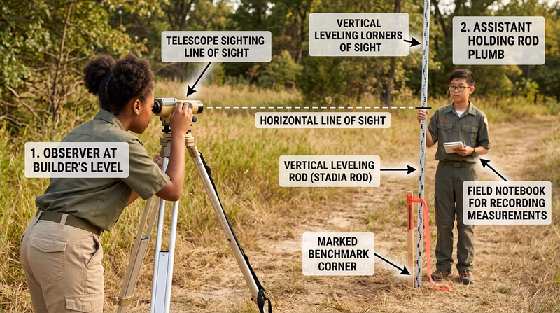 Scout sighting through a level while another Scout holds a rod upright on a marked corner