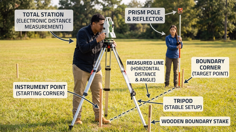 Two surveyors using a tripod-mounted total station and prism pole on an open lot with corner stakes visible