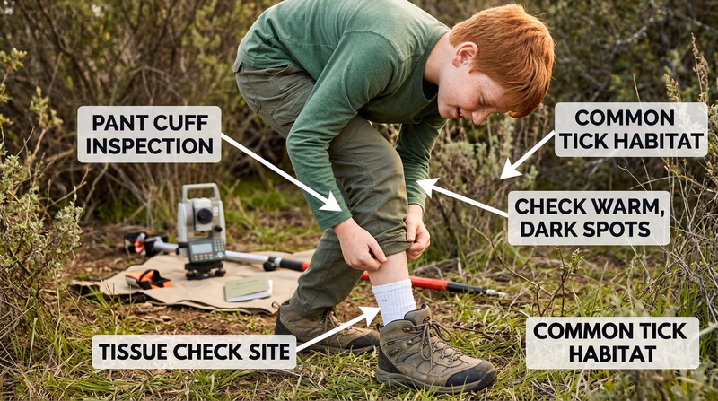 Scout checking socks and pant legs for ticks after brushy fieldwork with survey gear nearby