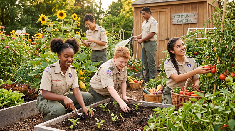 Scouts of different ages working in a community garden, some planting seedlings and others harvesting vegetables, with raised beds and a tool shed in the background