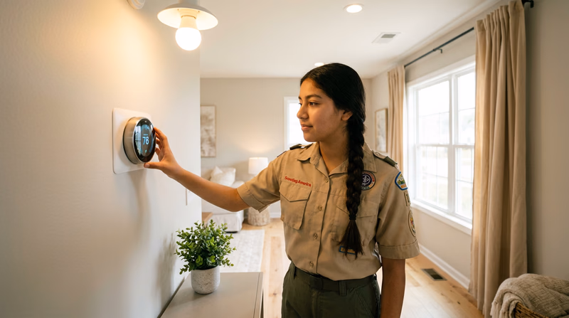 A Scout adjusting a programmable thermostat on a wall, with an LED bulb overhead and a window with natural light streaming in