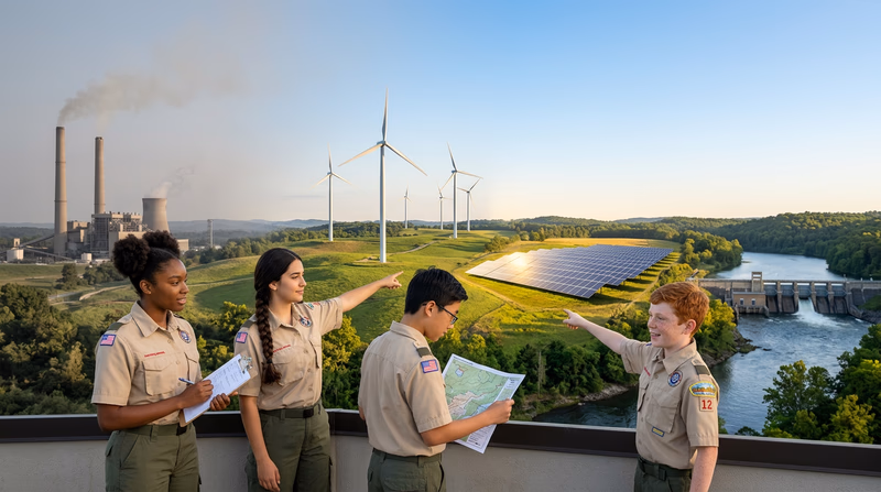 An illustrated comparison showing different energy sources side by side — a coal plant, wind turbines, solar panels, and a hydroelectric dam — with the sky transitioning from smoky to clear