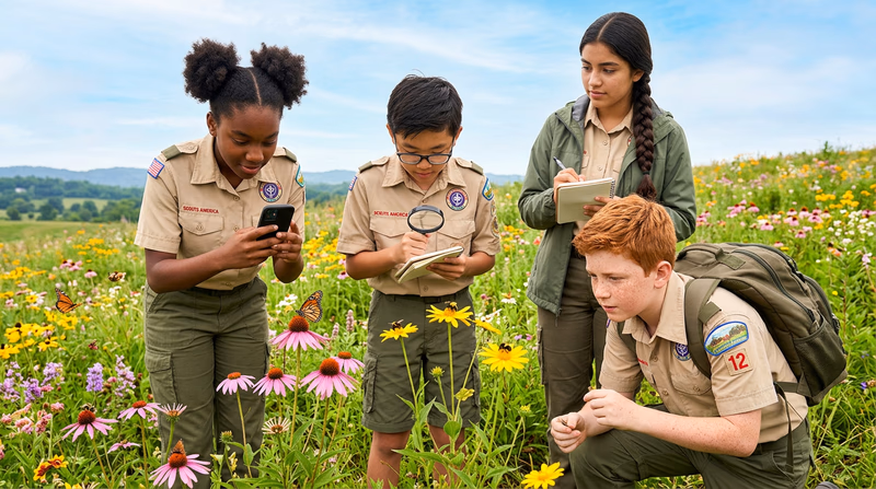 Scouts participating in a citizen science activity outdoors, photographing plants with smartphones and recording observations in notebooks, in a meadow with wildflowers