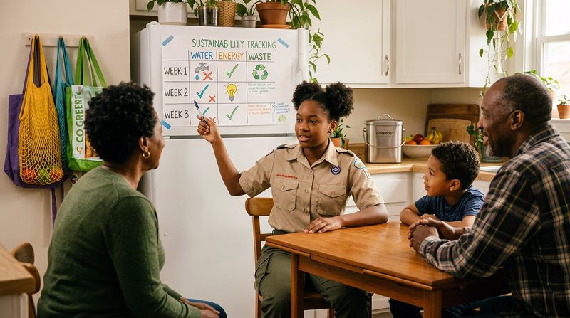 A family gathered around a kitchen table reviewing a colorful sustainability tracking chart posted on the refrigerator, with reusable bags and a compost bin visible